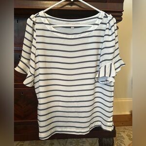 Striped Ruffle Sleeve Top - Black and White